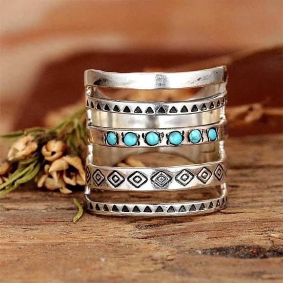 Boutique Jewelry - Ring Size 7 Vintage Look Bohemian Multi Layer Faux Turquoise Inlaid Wide New
